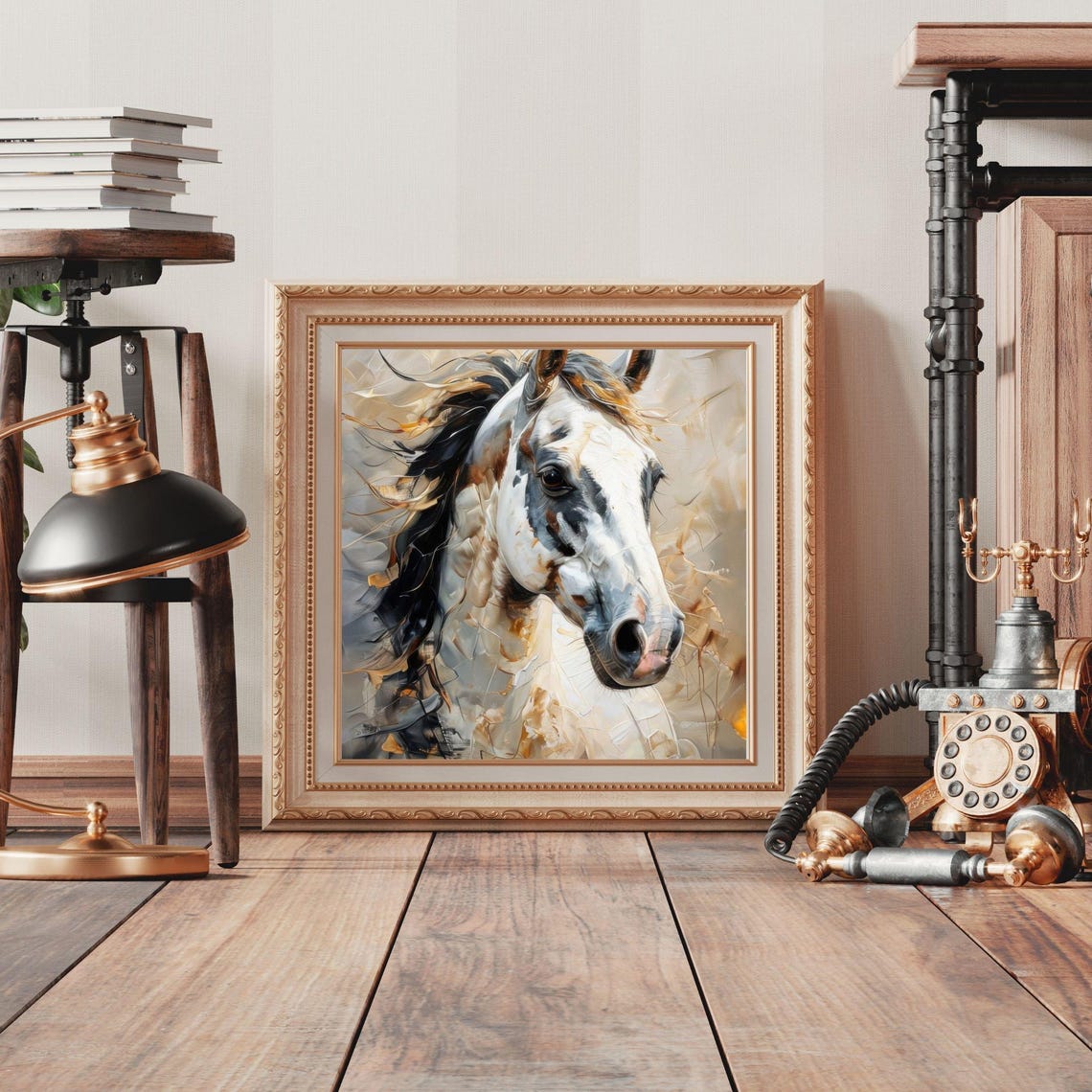 Abstract White Horse Portrait with Flowing Mane Impasto Wall Art