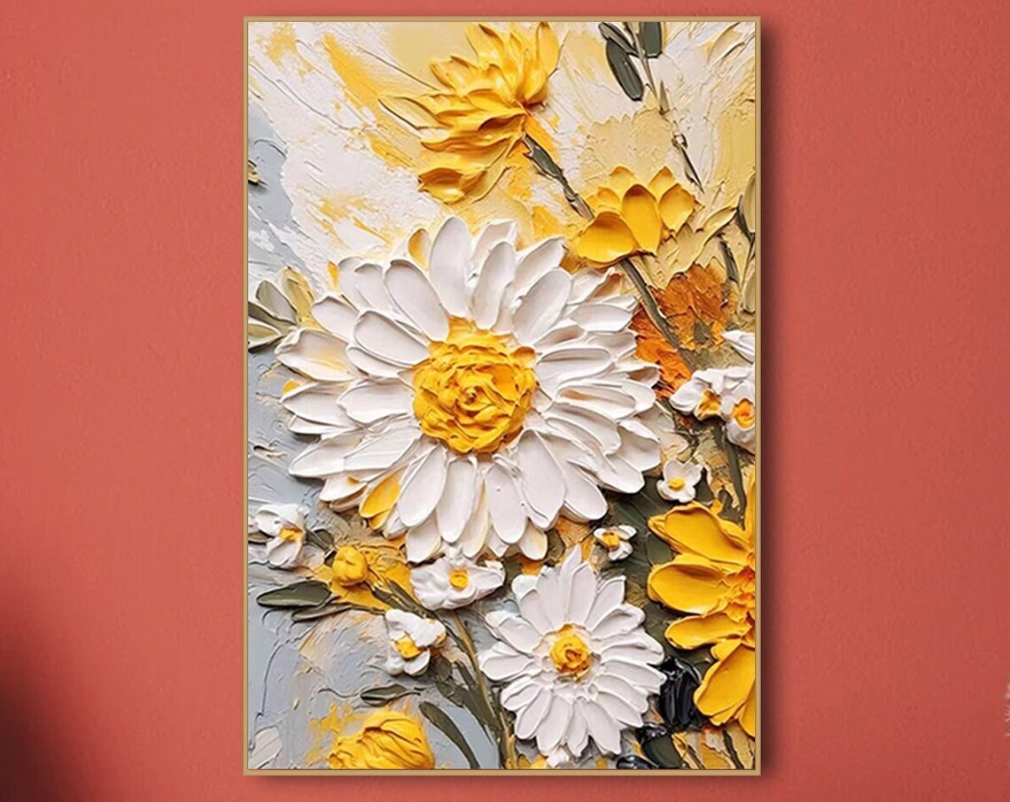 White Daisies Yellow Centers 3D Textured Impasto Oil Painting Wall Art
