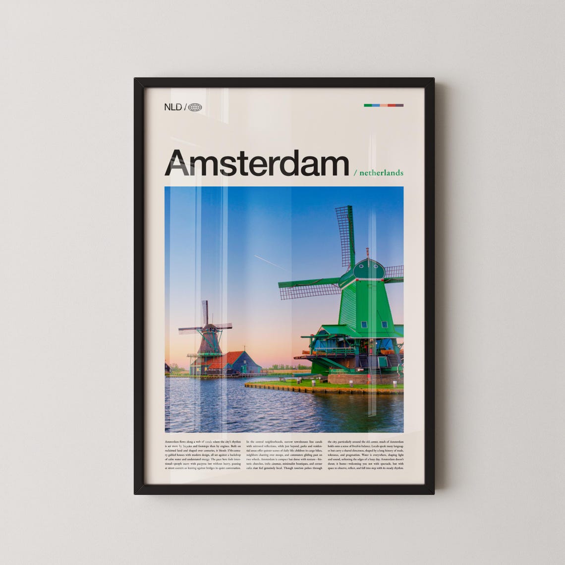Amsterdam Windmills Sunset Photography Netherlands Travel Poster