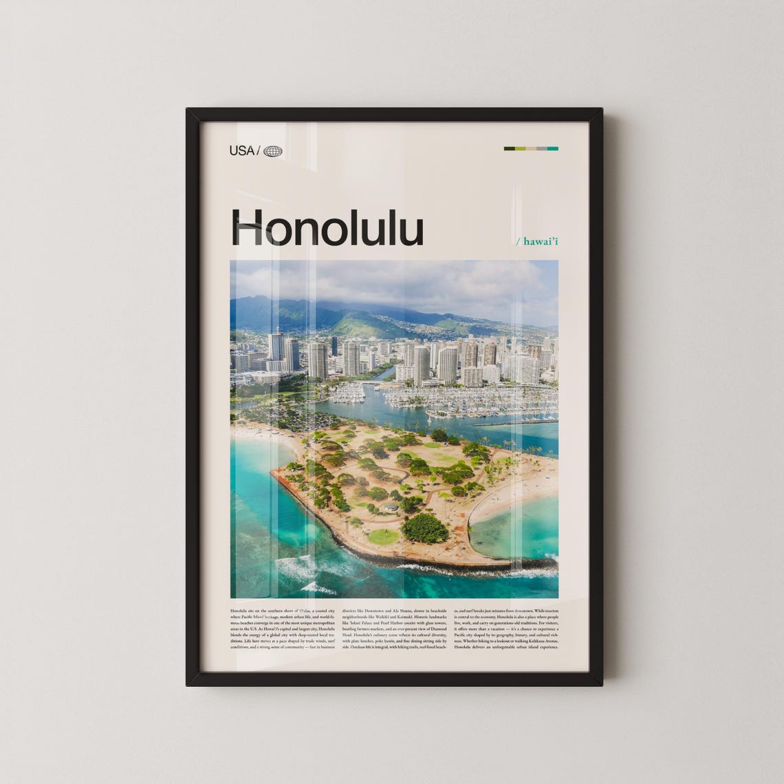 Honolulu Hawai'i Downtown Aerial Skyline Modern Travel Poster