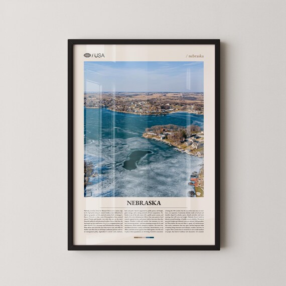 Aerial View of a Nebraska River Town with Icy Winter Water Poster