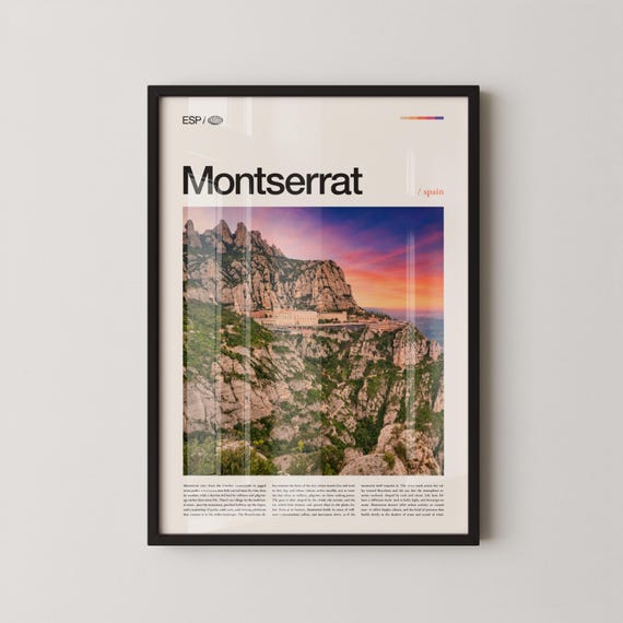 Montserrat Spain Travel Poster, Dramatic Mountain Landscape