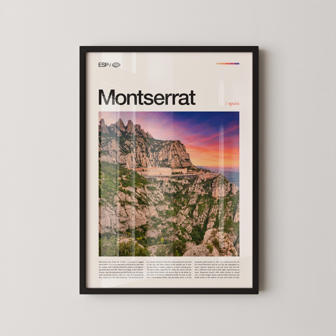 Montserrat Spain Travel Poster, Dramatic Mountain Landscape