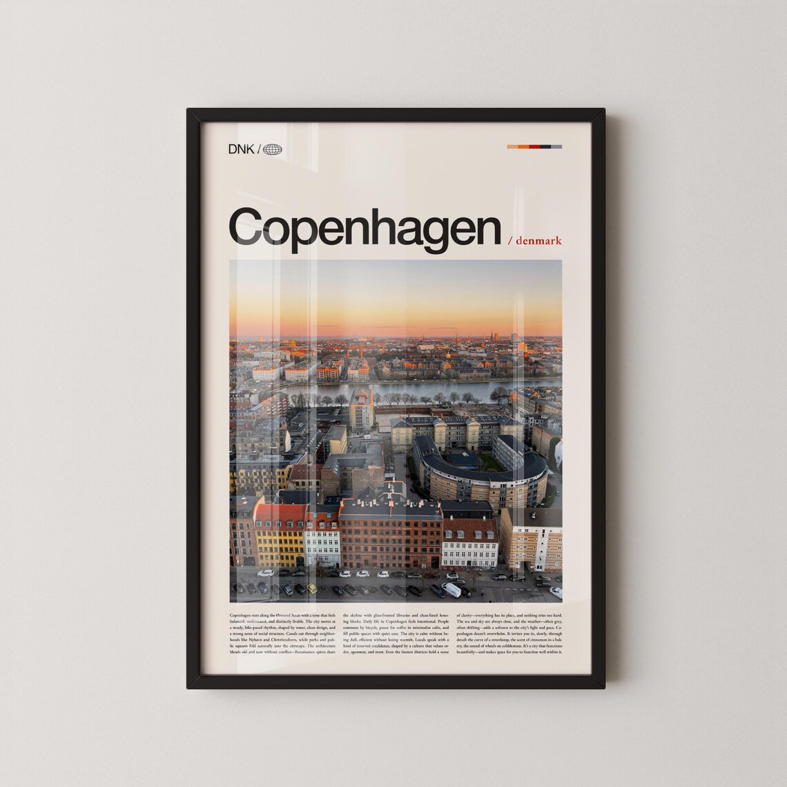 Copenhagen Denmark Golden Sunset Aerial City Skyline Travel Poster