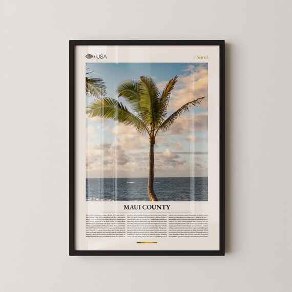 Maui County Hawaii Leaning Palm Tree Beach Tropical Travel Poster