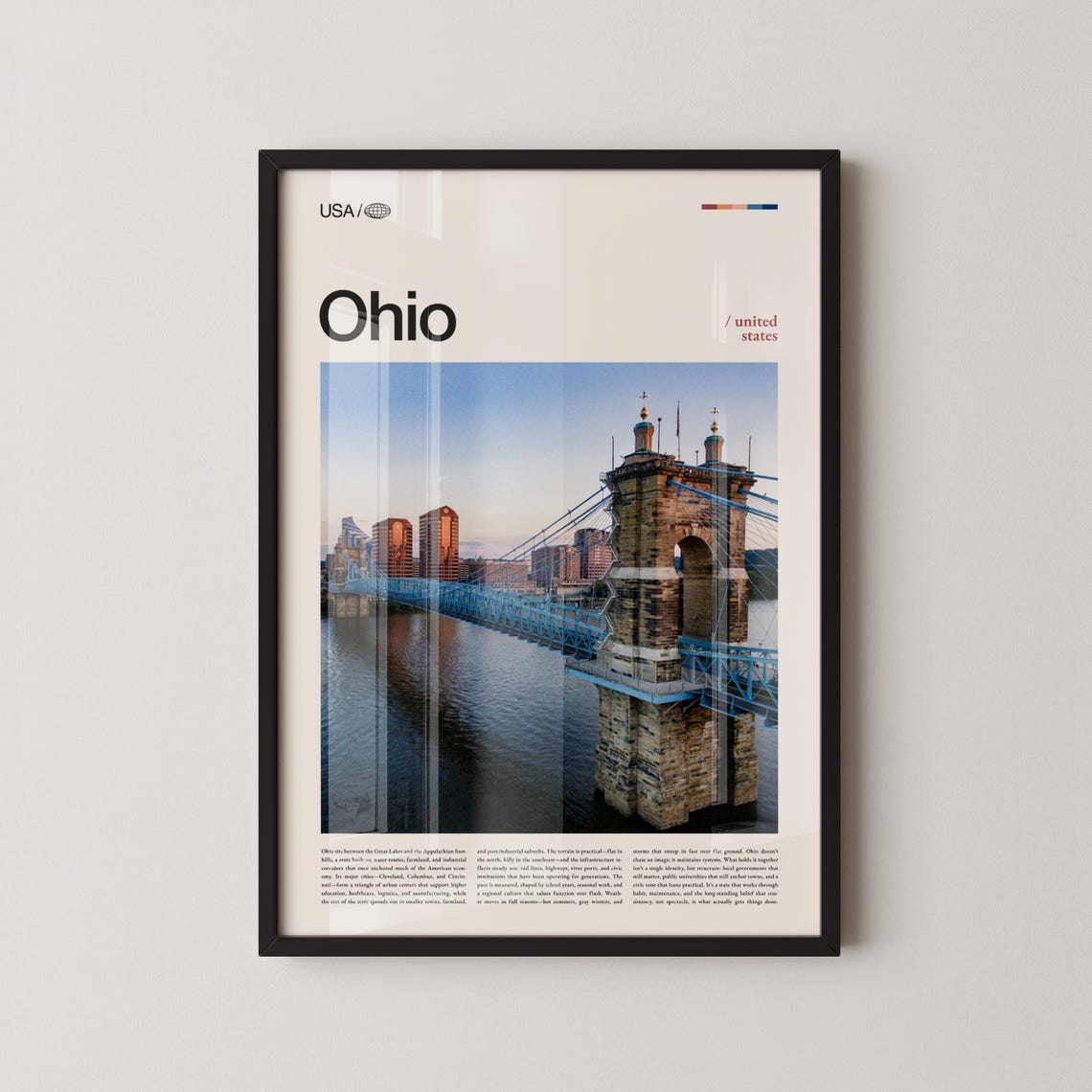 Ohio Cincinnati Roebling Bridge Over River Skyline Travel Poster