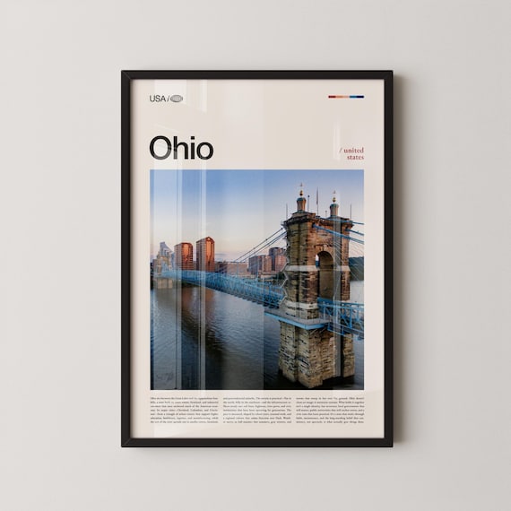 Ohio Cincinnati Roebling Bridge Over River Skyline Travel Poster
