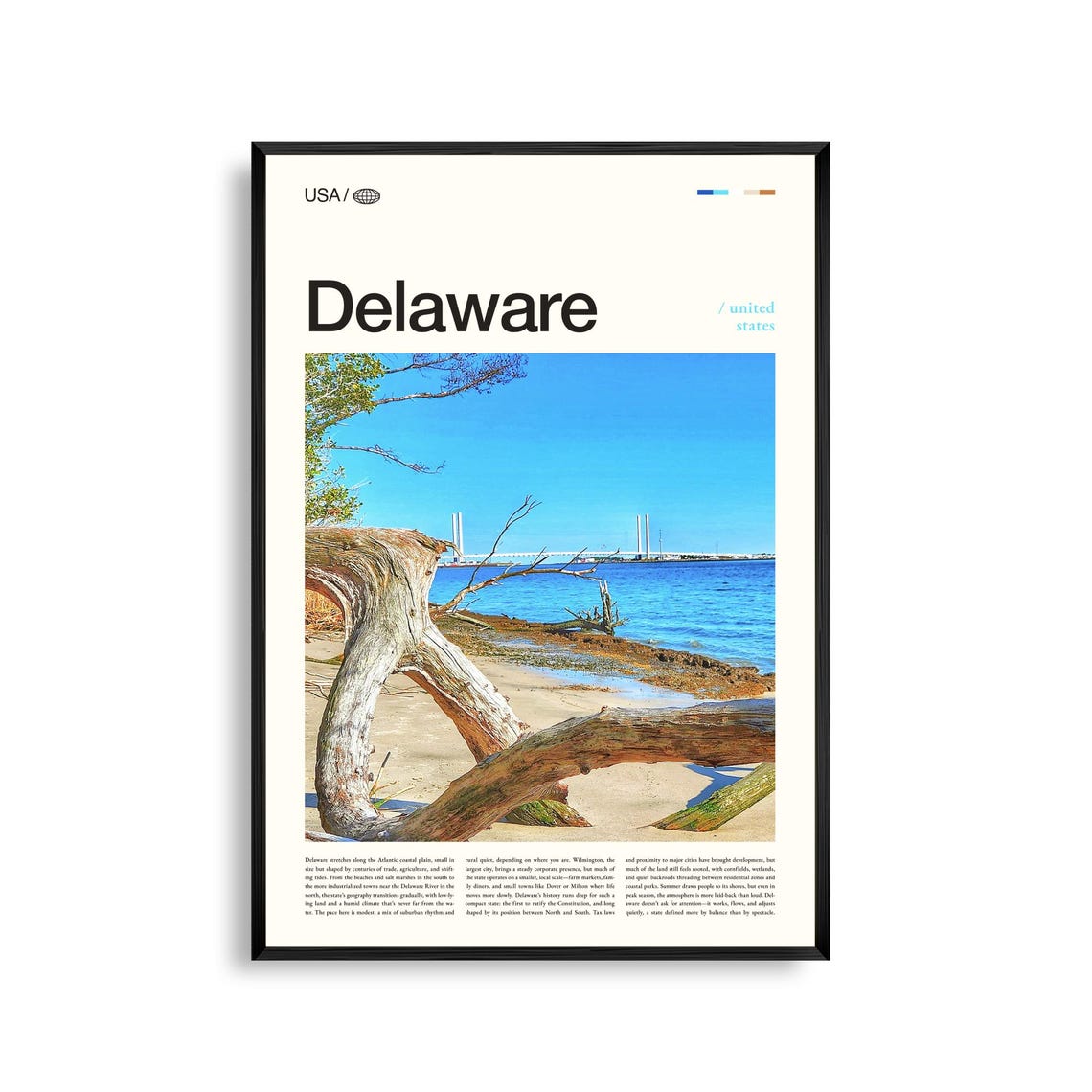 Delaware Beach Driftwood Blue Ocean Waves Editorial Travel Poster