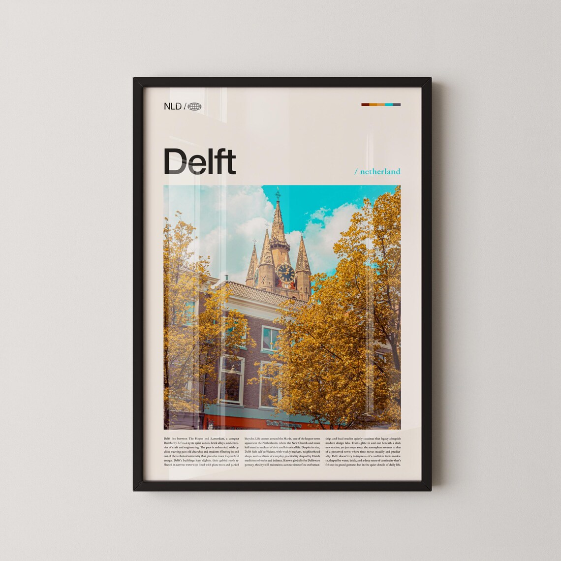 Delft Netherlands Autumn Church Tower Golden Photo Travel Poster