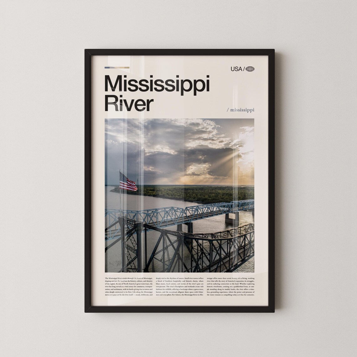 Mississippi River Editorial Photo Bridge And Flag Dramatic Sky Modern Travel Poster