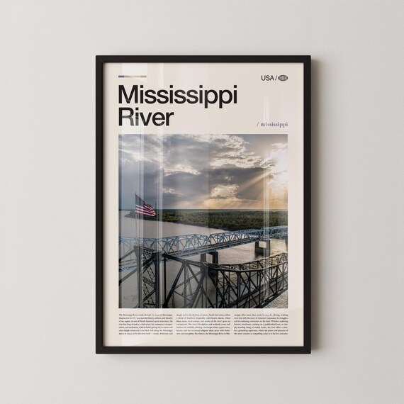 Mississippi River Editorial Photo Bridge And Flag Dramatic Sky Modern Travel Poster