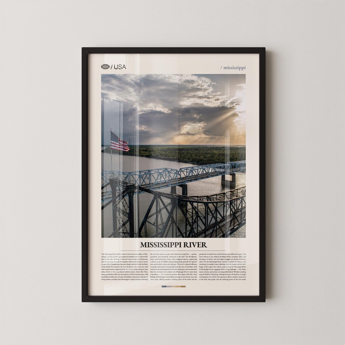 Mississippi River Bridge Sunset Photography With American Flag Scenic Travel Poster