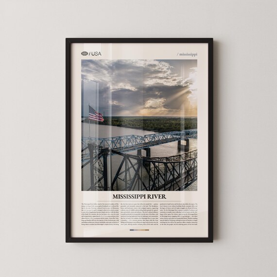 Mississippi River Bridge Sunset Photography With American Flag Scenic Travel Poster