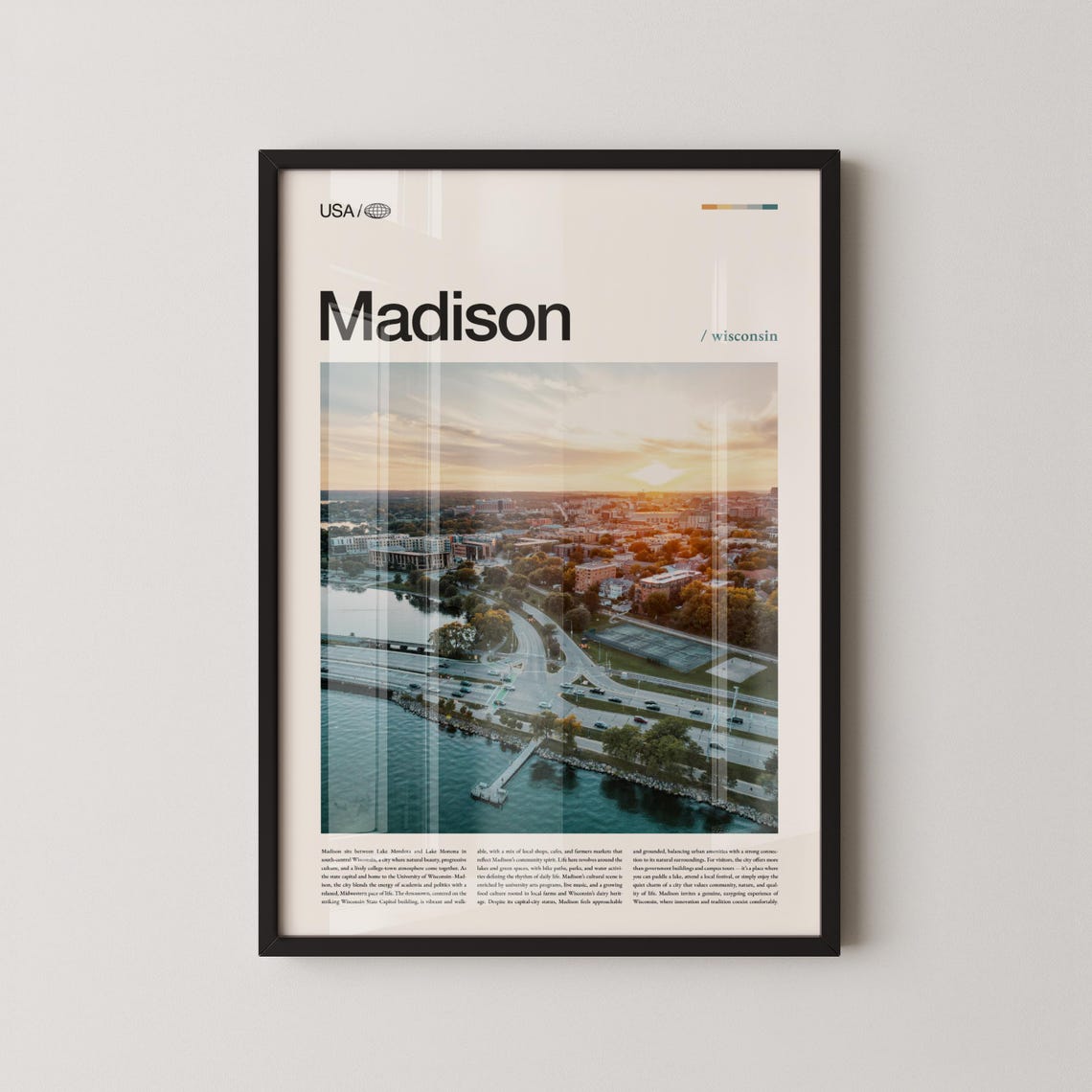 Madison Wisconsin Lakefront Sunset City Aerial Travel Poster