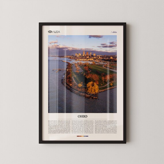 Ohio Waterfront City Skyline Sunset Golden Light Travel Photo Poster