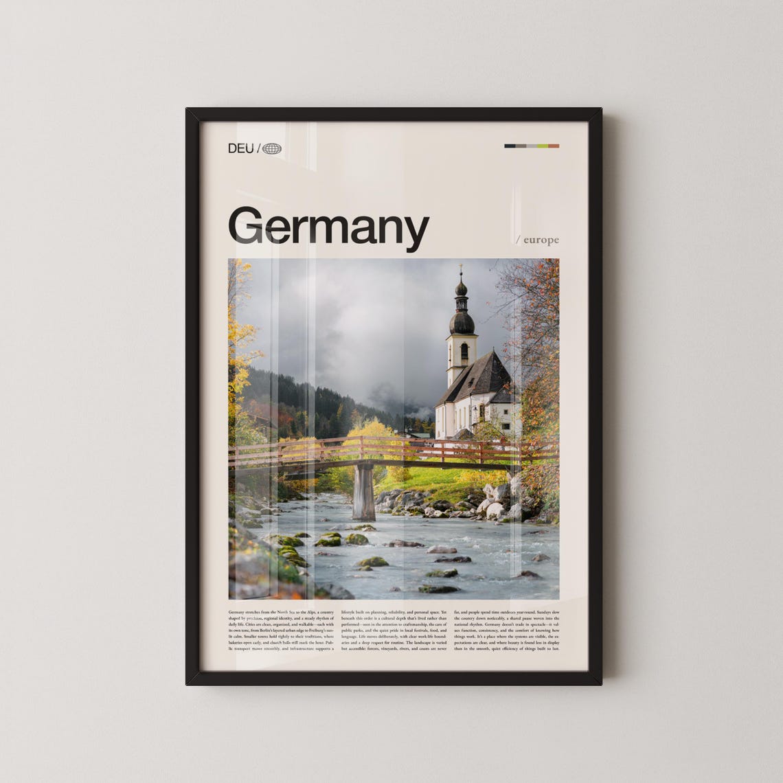 Germany Alpine Church and Wooden Bridge Over Mountain River Poster