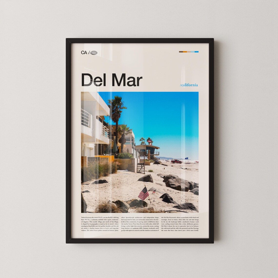 Del Mar Beach American Flag Lifeguard Tower Rocky Coast Photo Poster