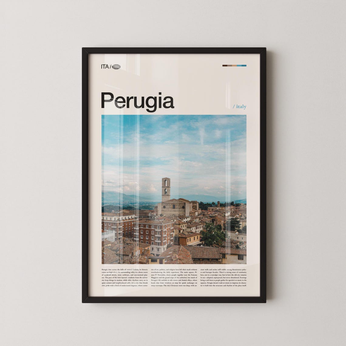 Perugia Italy Hill Town Travel Poster with Old Town Skyline View