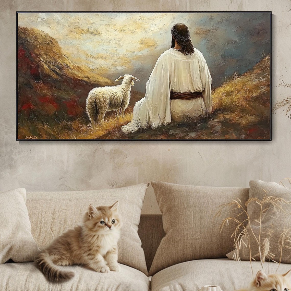 Jesus With Sheep On The Hillside Warm Pastel Religious Art Poster