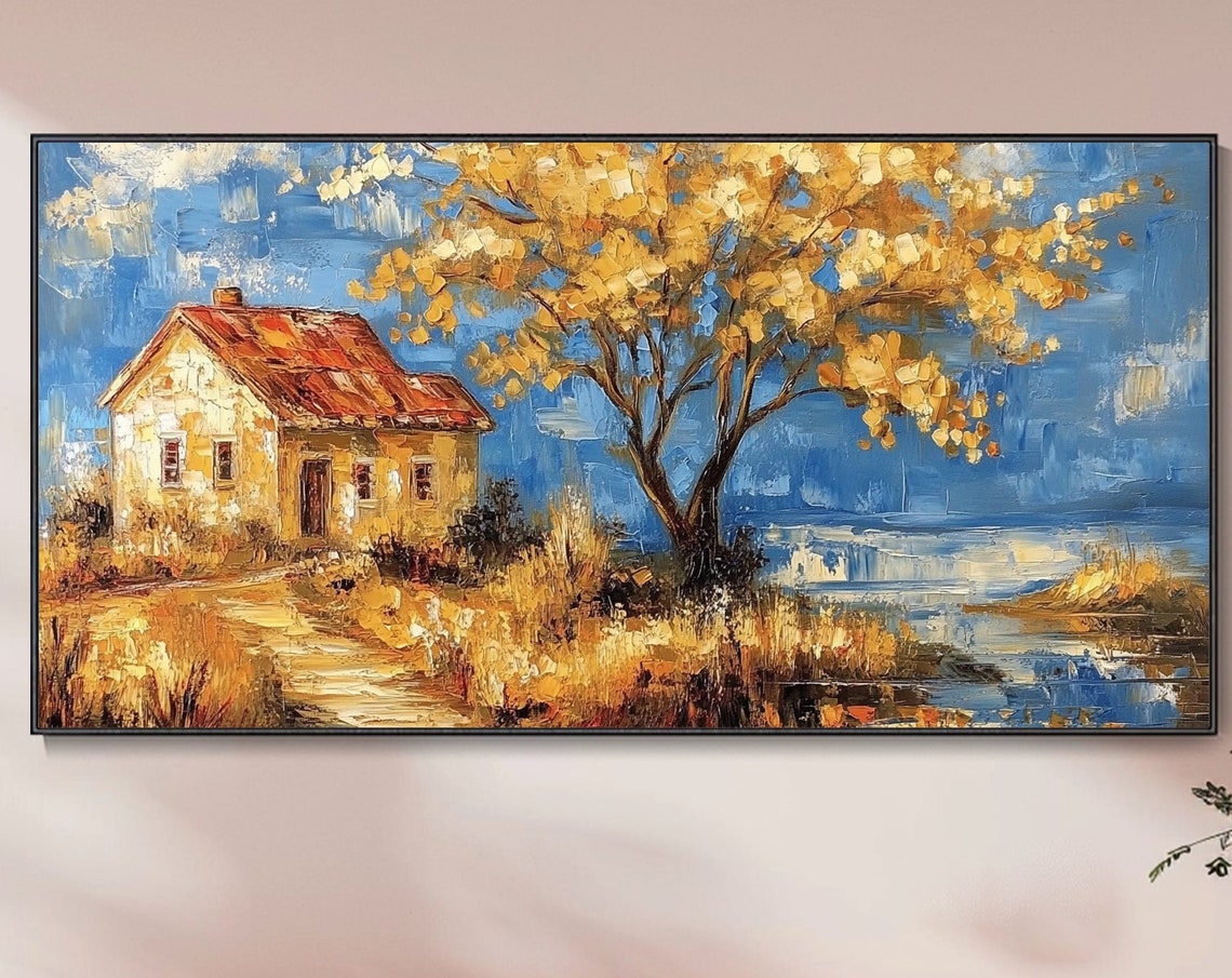 Rustic Cottage by Lake Golden Autumn Tree Textured Landscape Poster