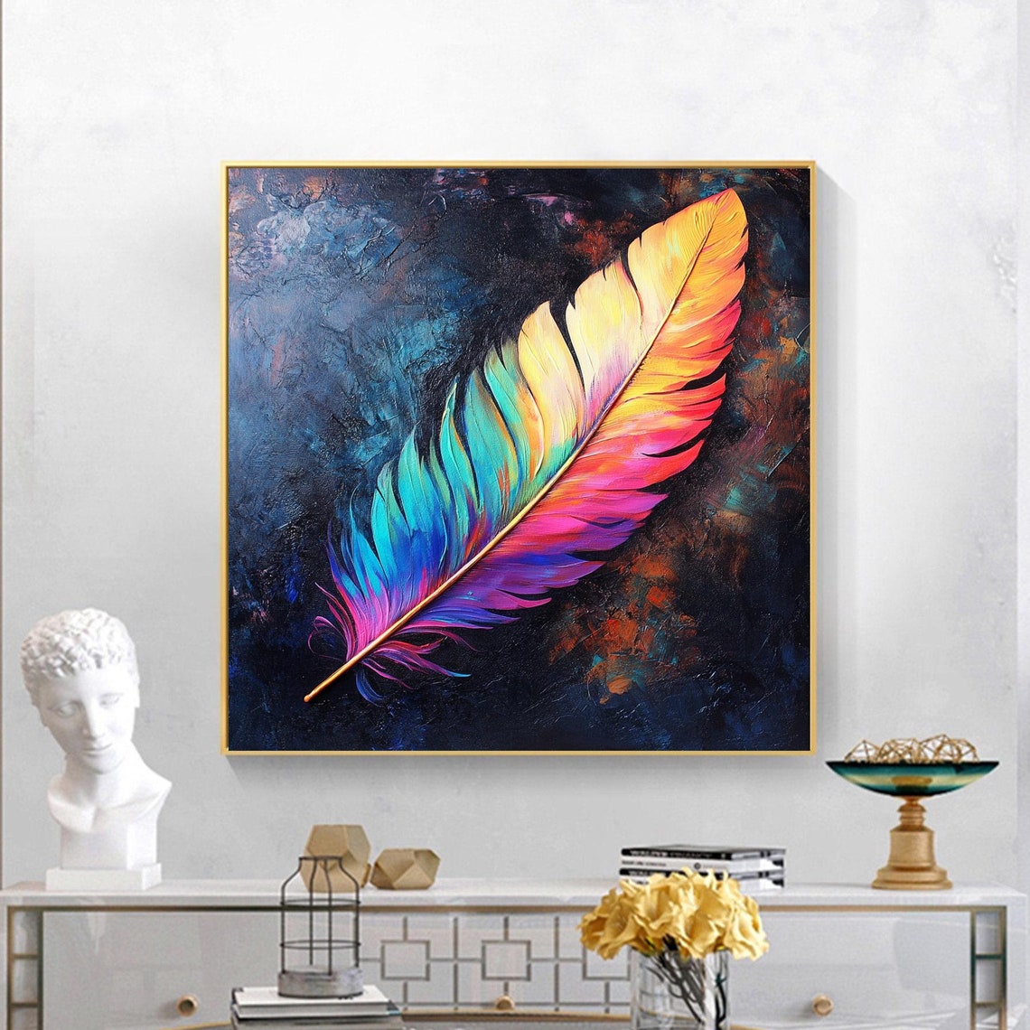 Vivid Rainbow Feather on Dark Navy Background Abstract Poster