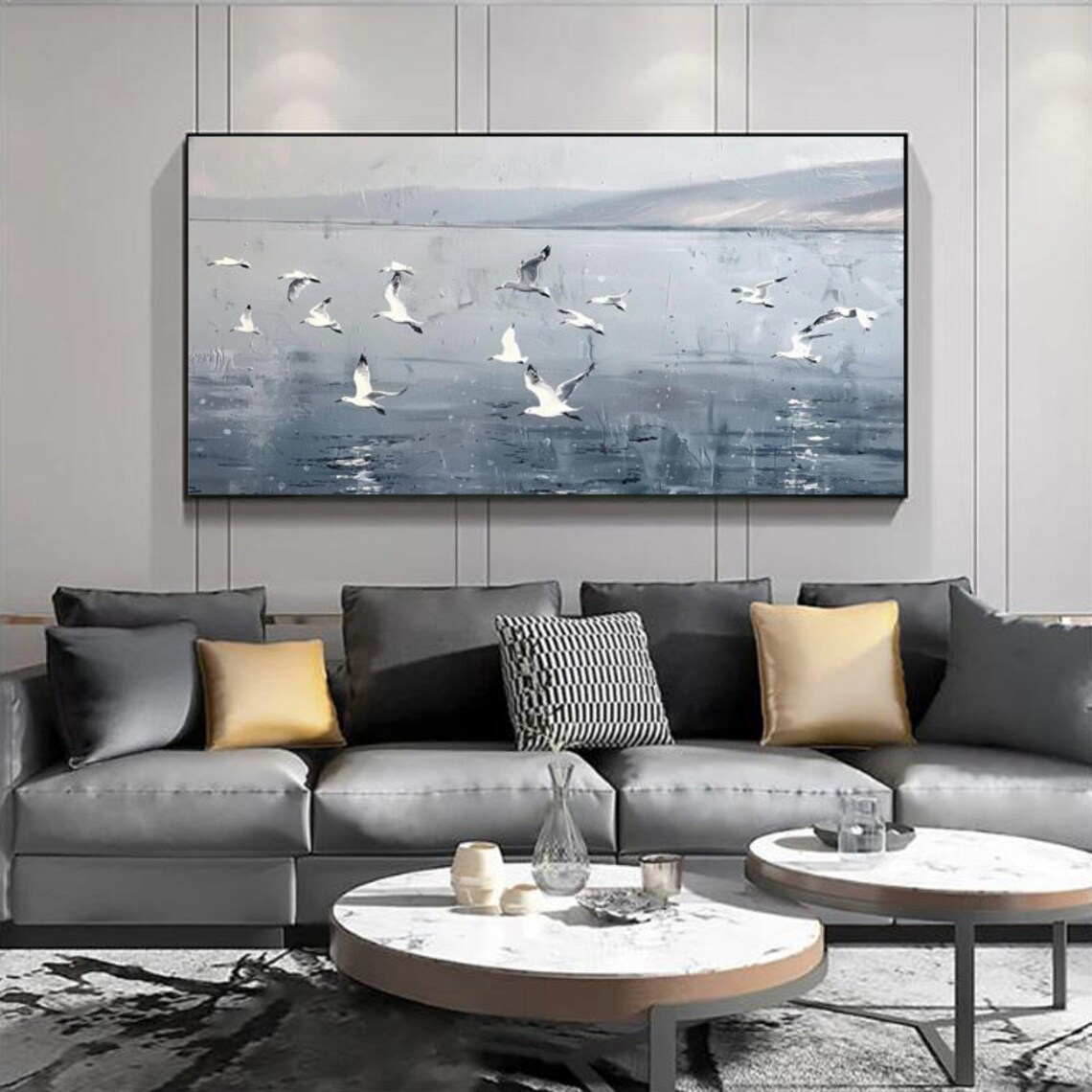 Seagulls Flying Over Grey Seascape Minimalist Bird Art Painting Poster - Image 3