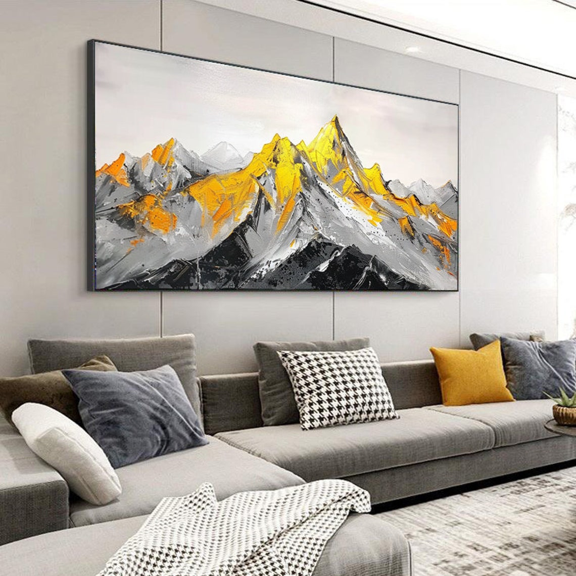 Golden Snow-Capped Mountain Peaks Black White Abstract Painting Poster - Image 5
