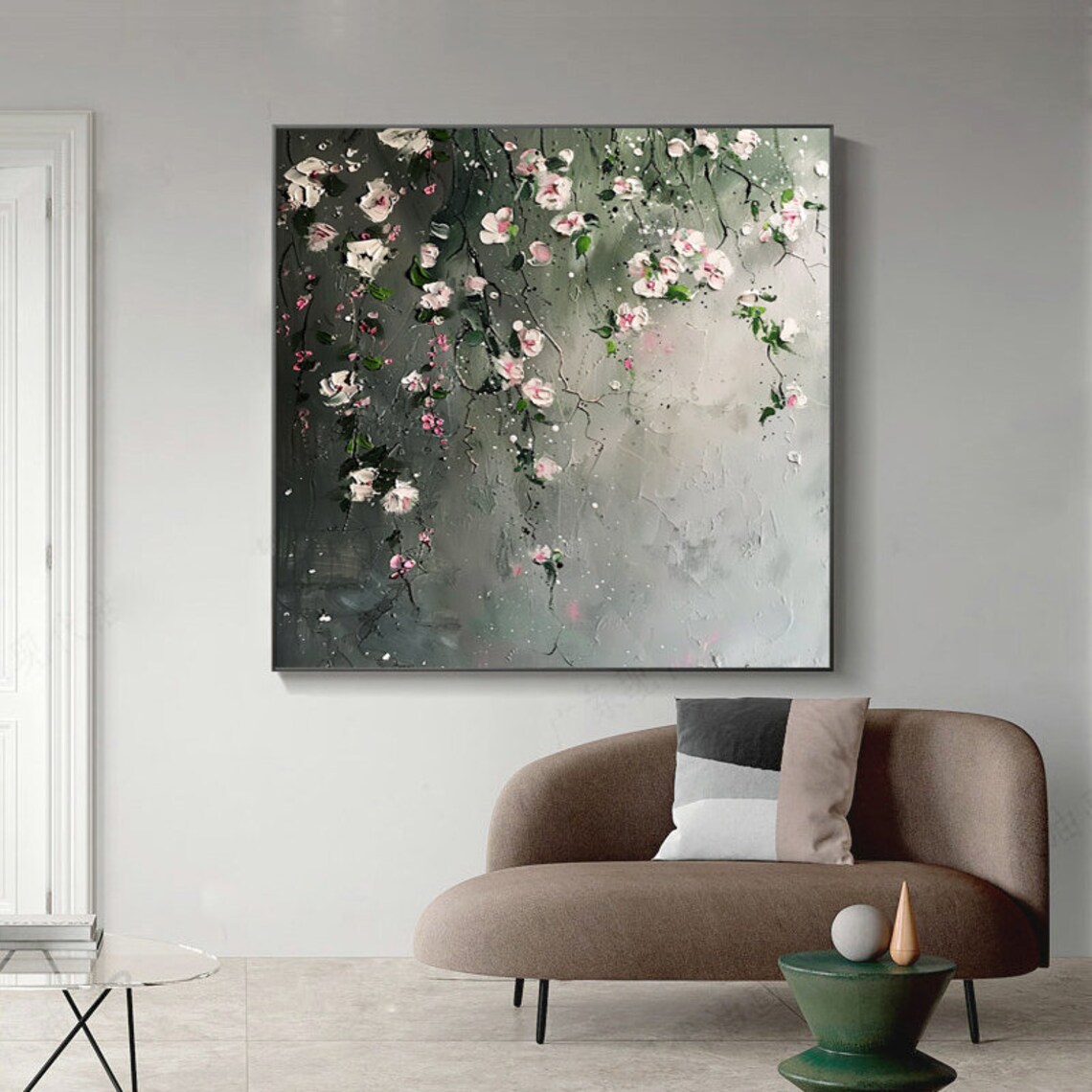 White Pink Roses Minimalist Blossom Branch Square Art Painting Poster - Image 4