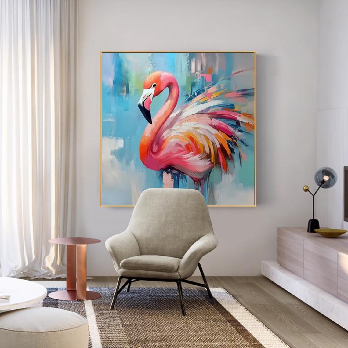 Graceful Pink Flamingo Portrait on Pastel Blue Background Poster - Image 2