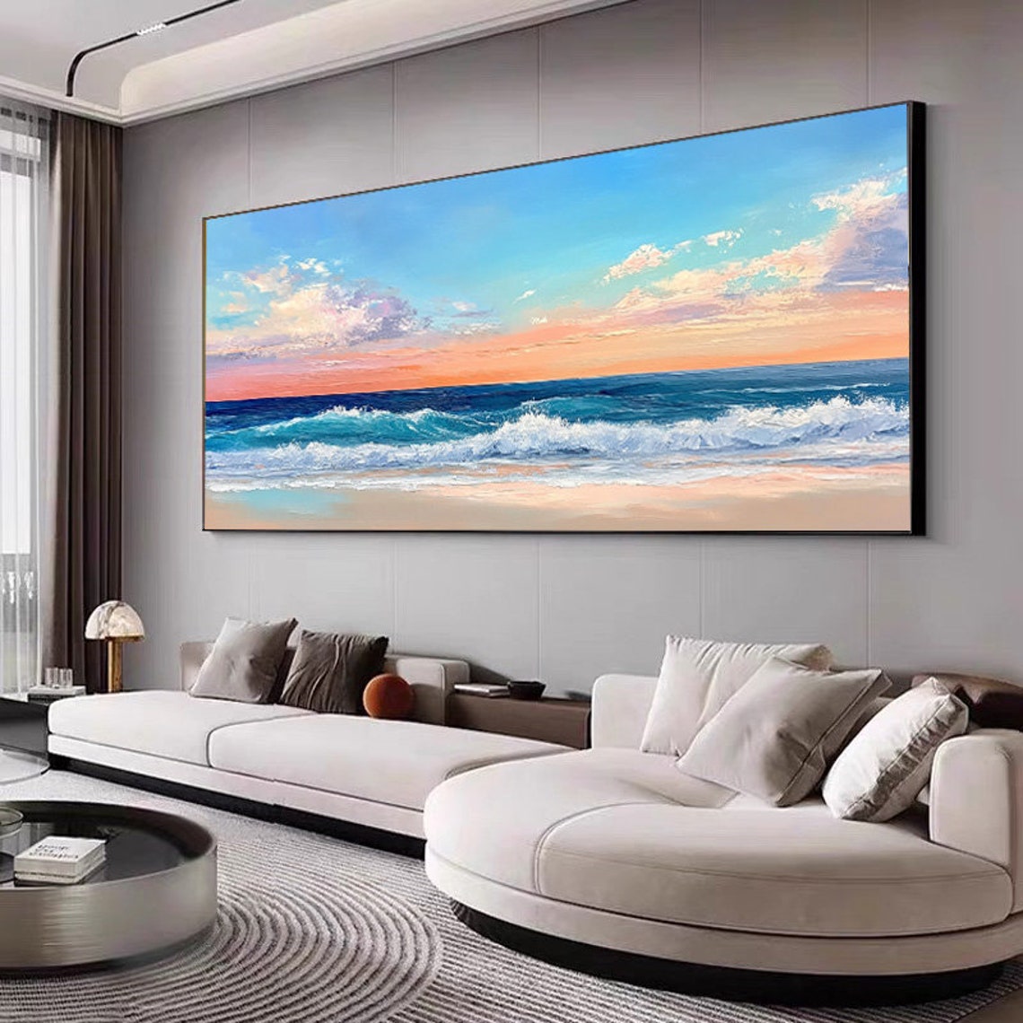 Pink Sunset Beach Waves Rolling Ocean Panoramic Seascape Art Poster - Image 5