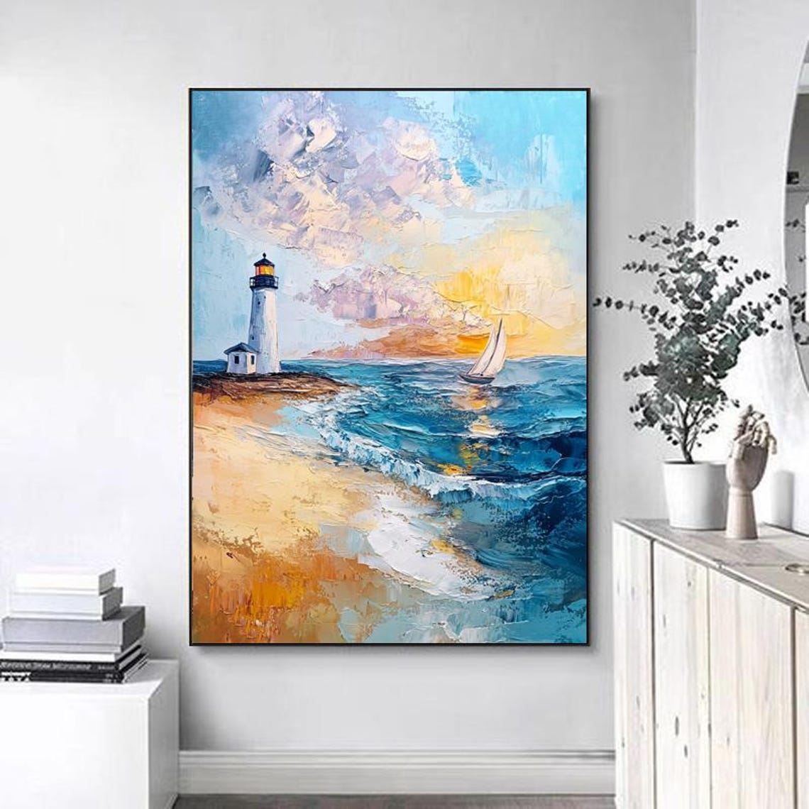Classic Coastal Lighthouse at Sunset With a Sailboat Scene Poster