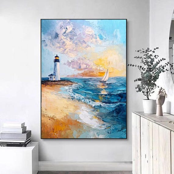 Abstract Palette Knife Oil Painting Lighthouse Ocean Sailboat And Beach Textured Layered Art For Living Room Entryway Dining Room