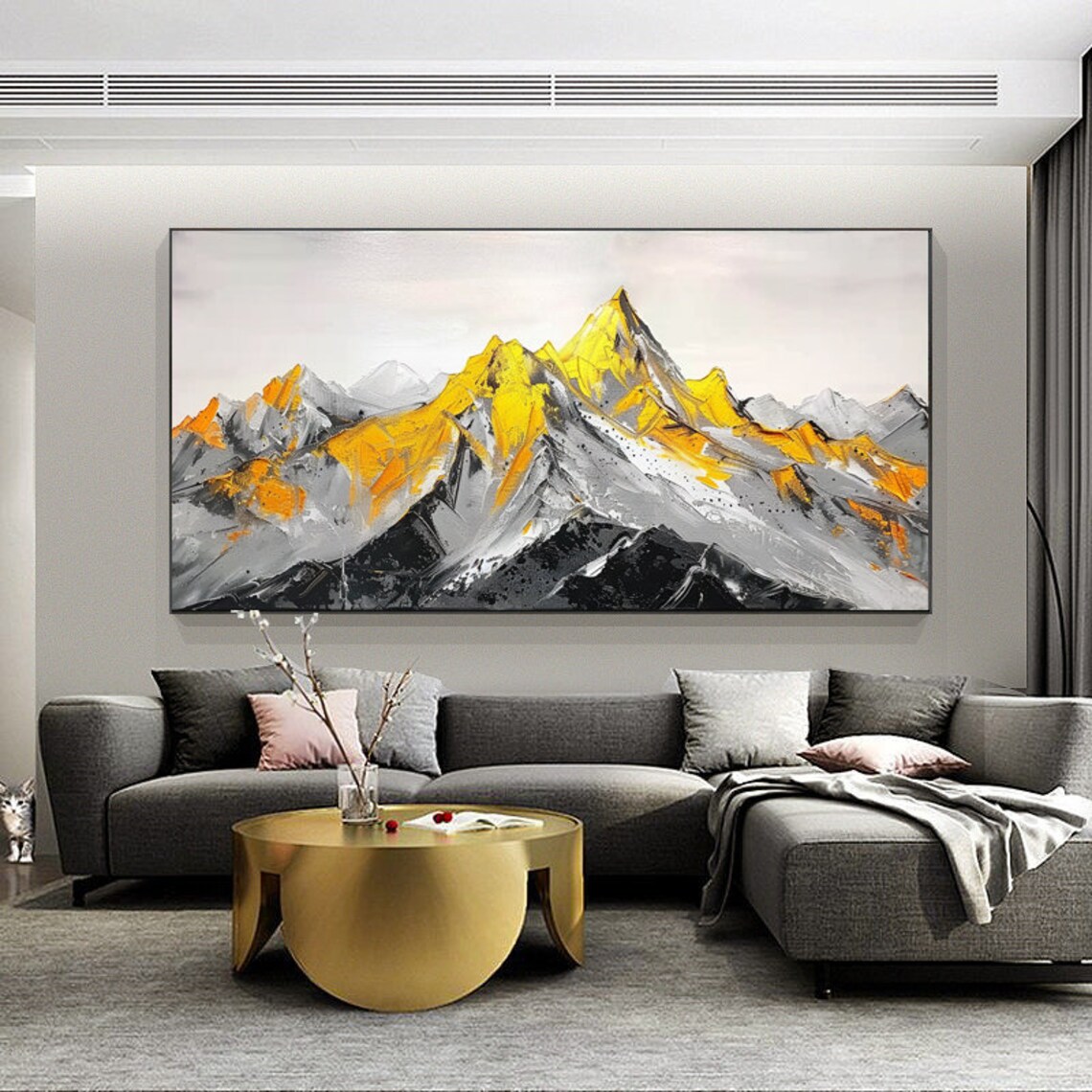 Golden Snow-Capped Mountain Peaks Black White Abstract Painting Poster - Image 3