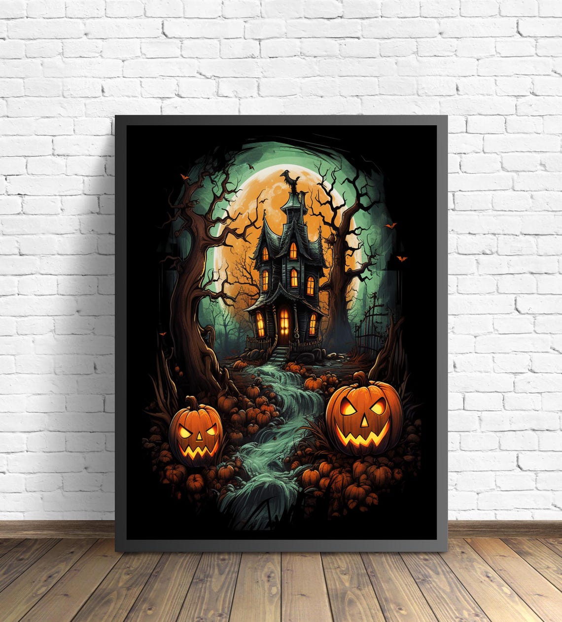 Halloween Haunted House Jack-O-Lanterns Full Moon Spooky Night Poster