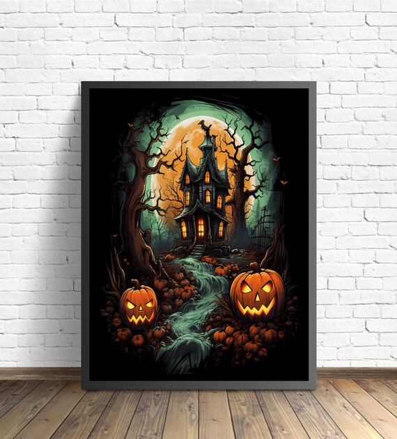 Halloween Haunted House Jack-O-Lanterns Full Moon Spooky Night Poster