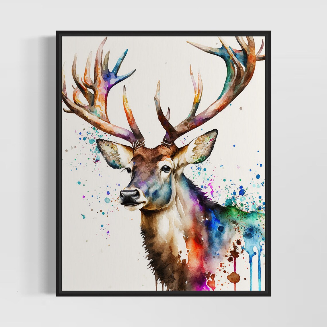 Bull Caribou With Grand Colorful Antlers Watercolor Art Poster