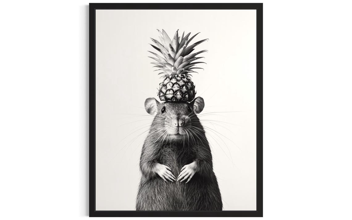 Rat Balancing Pineapple on Head Cute Black and White Kitchen Poster