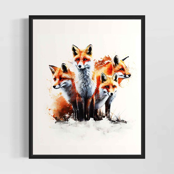 Red Fox Family Group Warm Orange Splash Watercolor Art Poster
