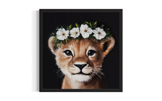 Adorable Baby Lion Cub White Flower Crown Portrait on Black Poster
