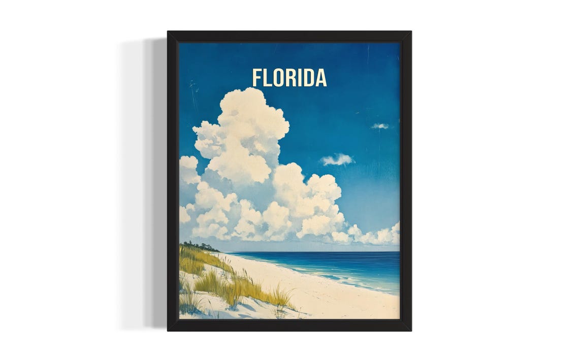 Florida Beach White Sand Turquoise Sea Big Sky Vintage Poster