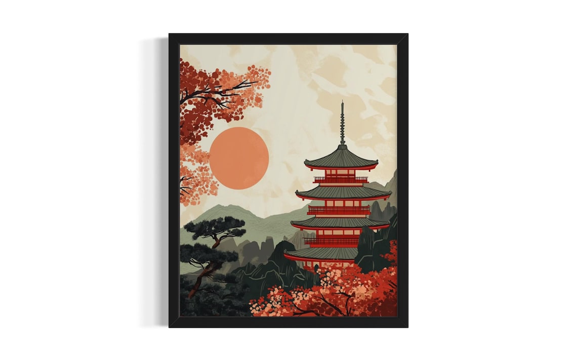 Japan Pagoda Rising Sun Autumn Foliage Japanese Style Art Poster