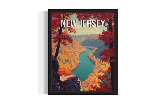 New Jersey Autumn River Gorge Fall Foliage Overlook Travel Poster