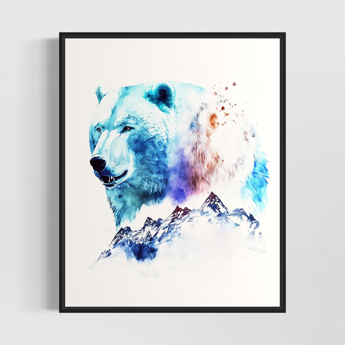 Polar Bear Head Rising Above Mountain Peaks Blue Watercolor Poster