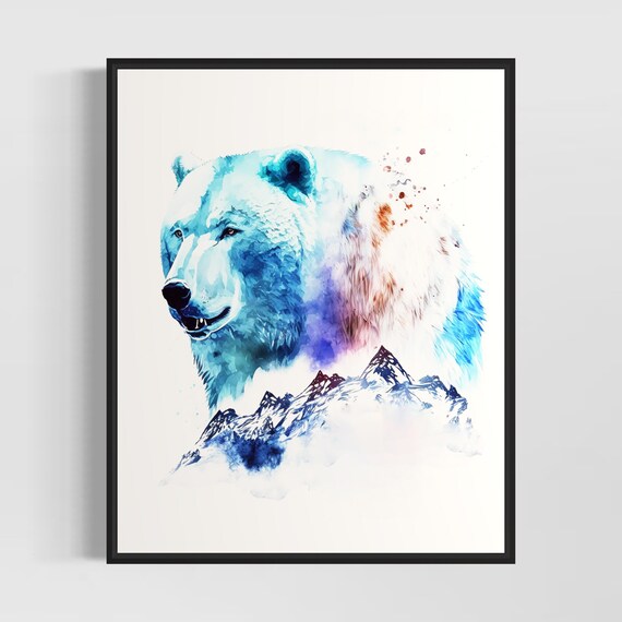 Polar Bear Head Rising Above Mountain Peaks Blue Watercolor Poster