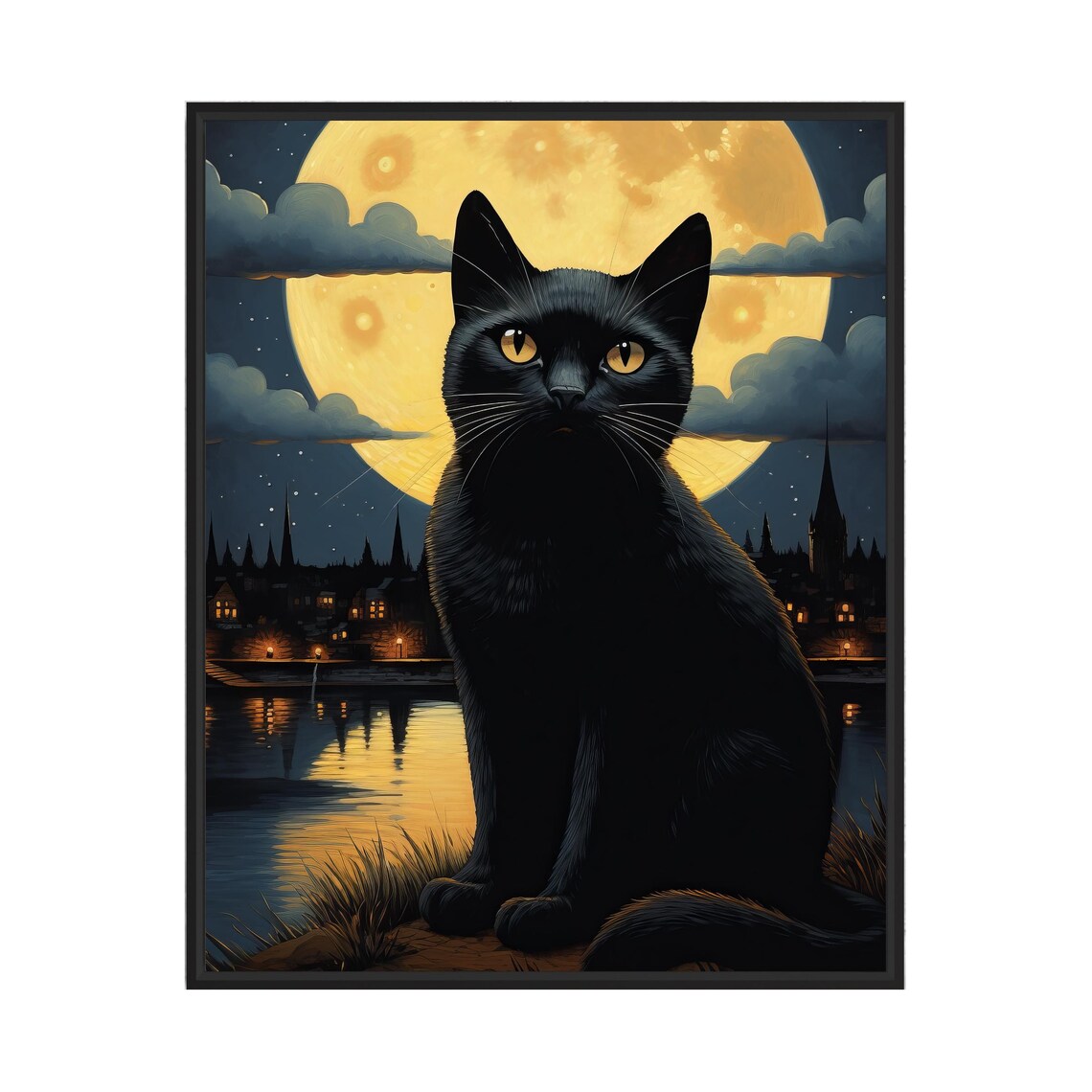 Black Cat Portrait Under A Golden Full Moon Night Sky Poster