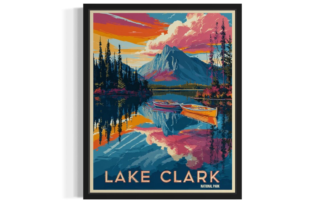 Lake Clark National Park Canoes on Mirror Lake Sunset Vintage Poster