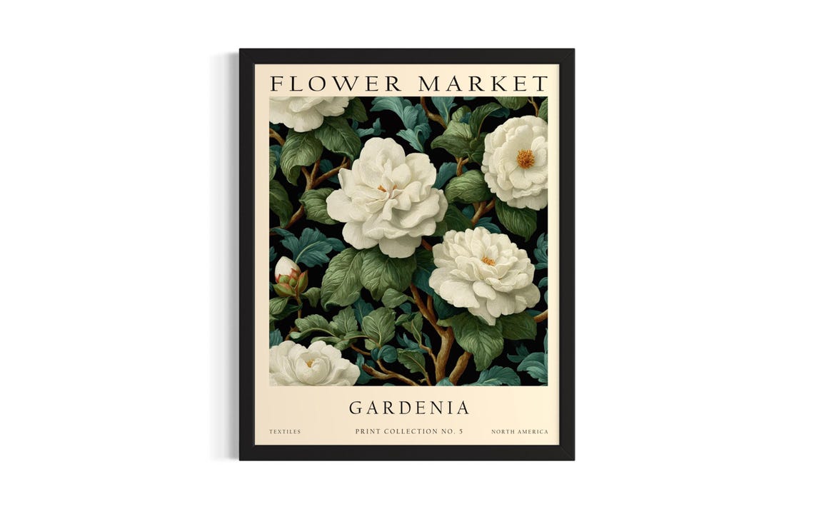 Gardenia Flower Market Creamy White Vintage Botanical Poster