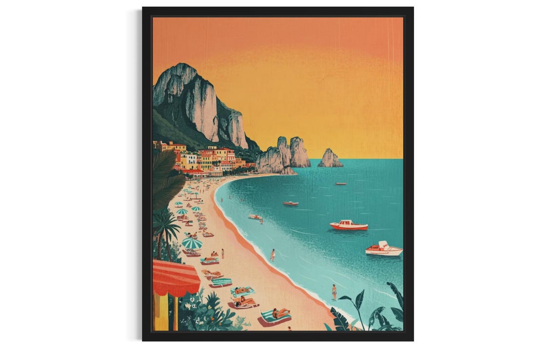 Mediterranean Coastal Town Cliffs Boats Vintage Travel Poster