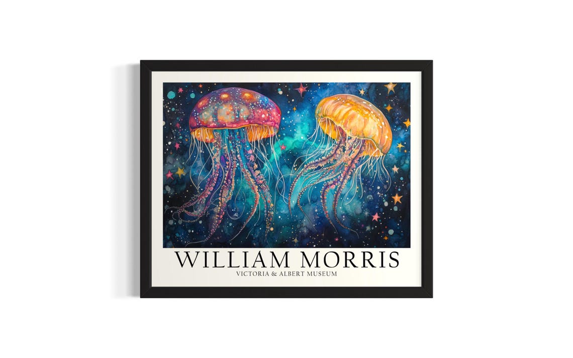 Two Colorful Jellyfish in a Starry Night Sea William Morris Art Poster