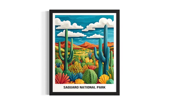 Saguaro National Park Giant Saguaro Cactus Wildflower Desert Art Poster